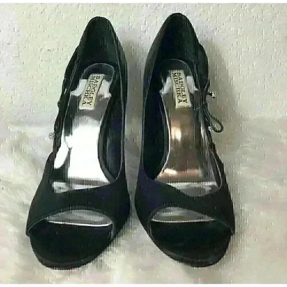 Badgley Mischka Womens Size 8.5 Black Satin Open Side 3'' Stilettos Heels Bow - Picture 2 of 7